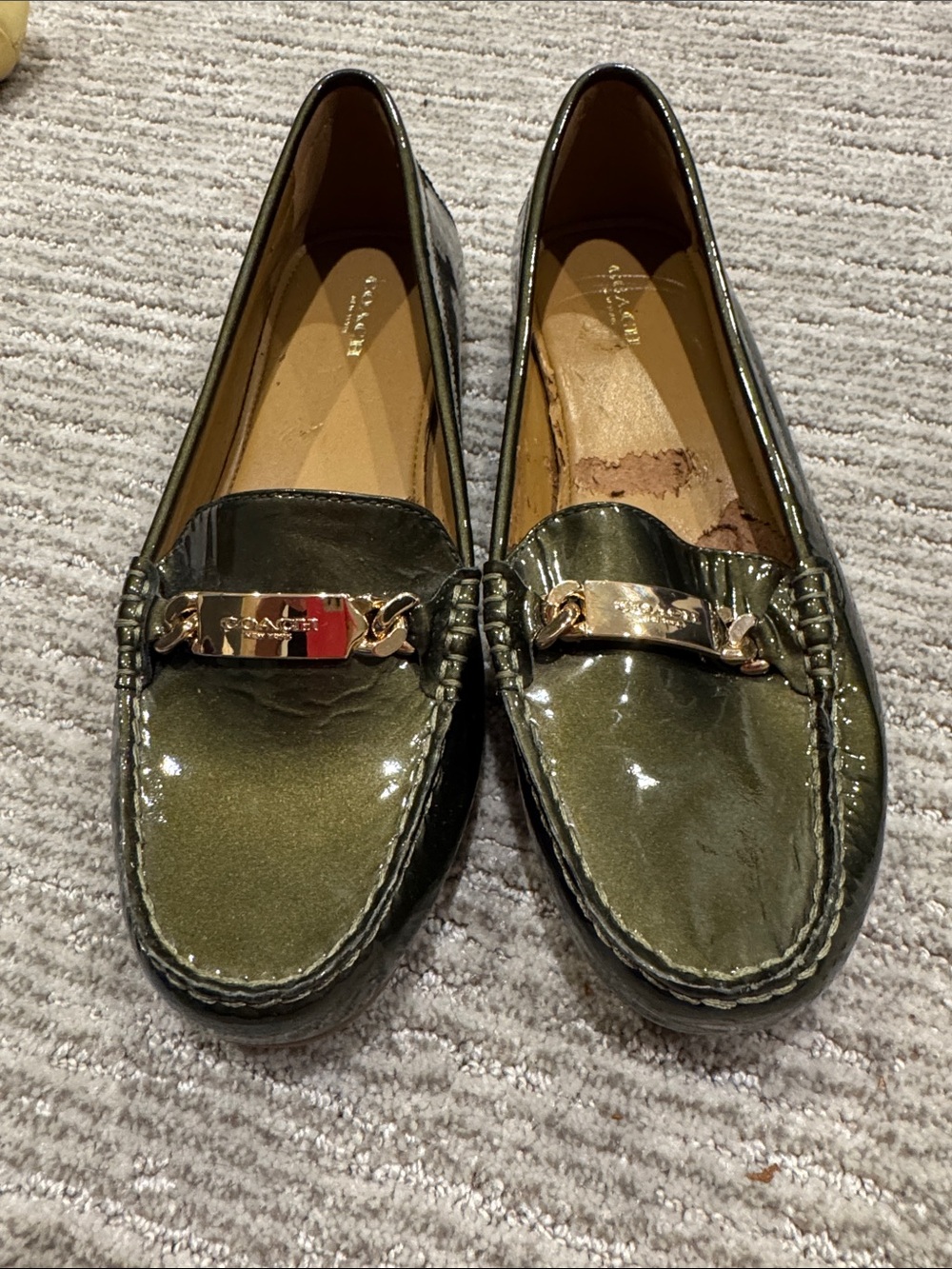 COACH Women’s Olive Green Patent Leather Bit Loafers size 10 new
